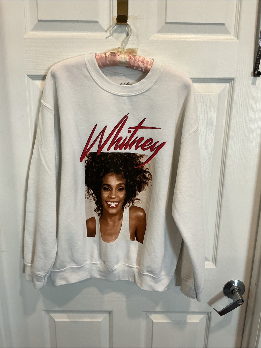 Whitney Houston White Graphic Crewneck Sweatshirt with Red Script